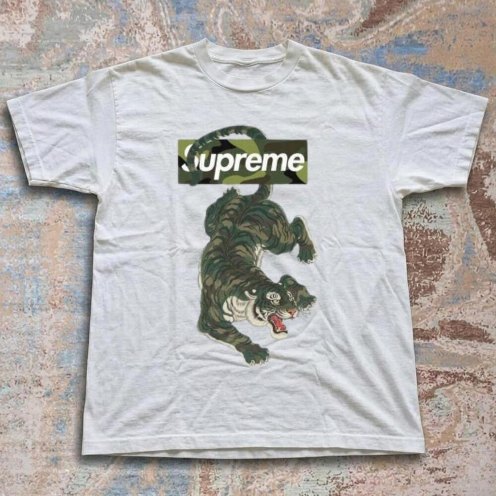 Camo Tiger Box Logo Graphic Shirt White Hype